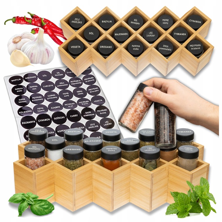 Organizer condimente din bambus, ZLARO, 14 borcanele, 48 etichete, 42x17,5x9,5cm