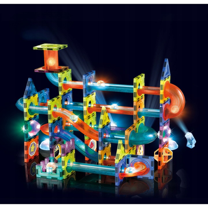 Set de constructie magnetica 110 elemente, cu tuneluri transparente si bile LED, pentru copii 3 ani+