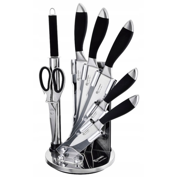 Set de cutite de bucatarie cu suport rotativ, 5 piese, inox, ergonomic