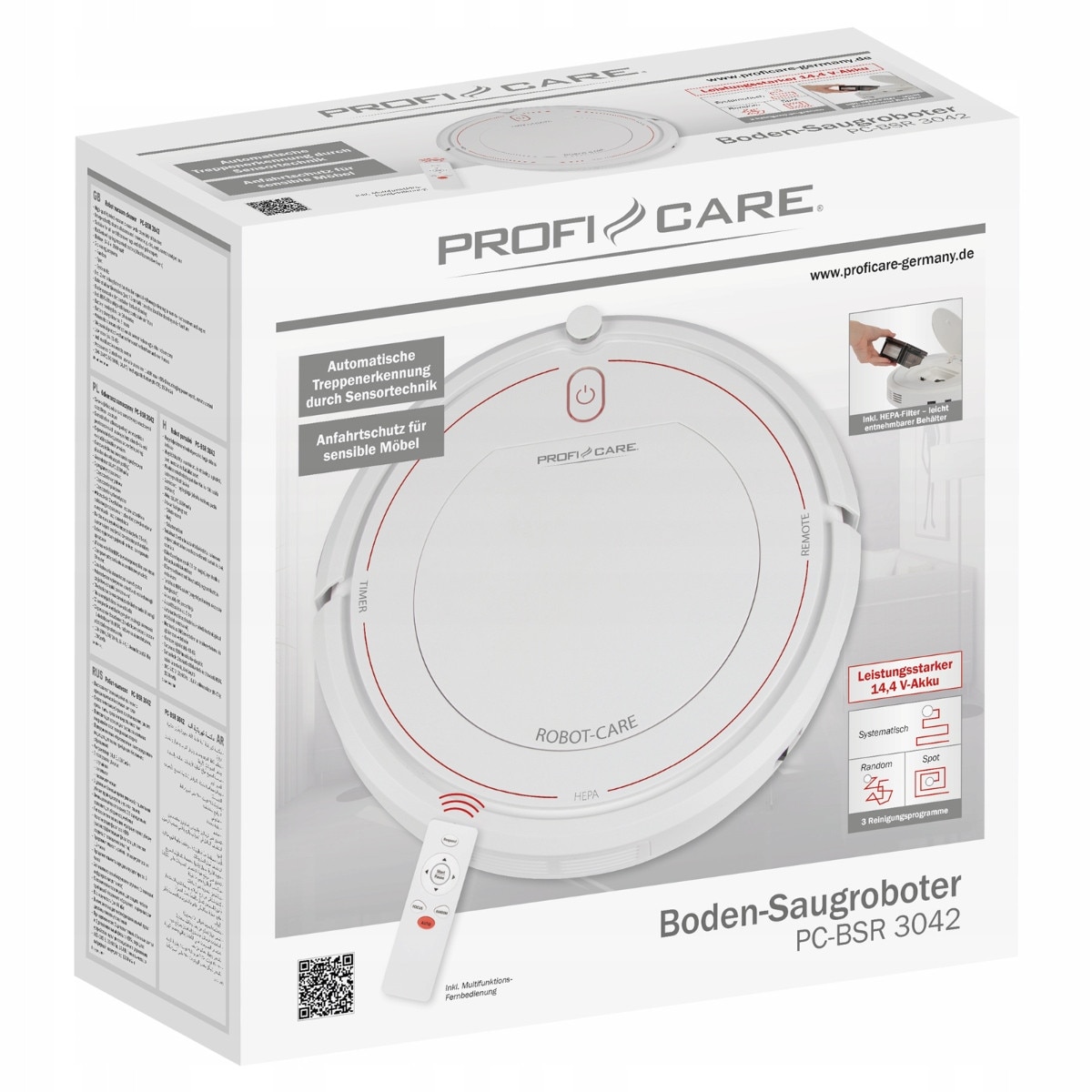 Robot aspirator ProfiCare PC-BSR 3042, alb, 3 moduri de curatare, control de la distanta, 7.5cm inaltime