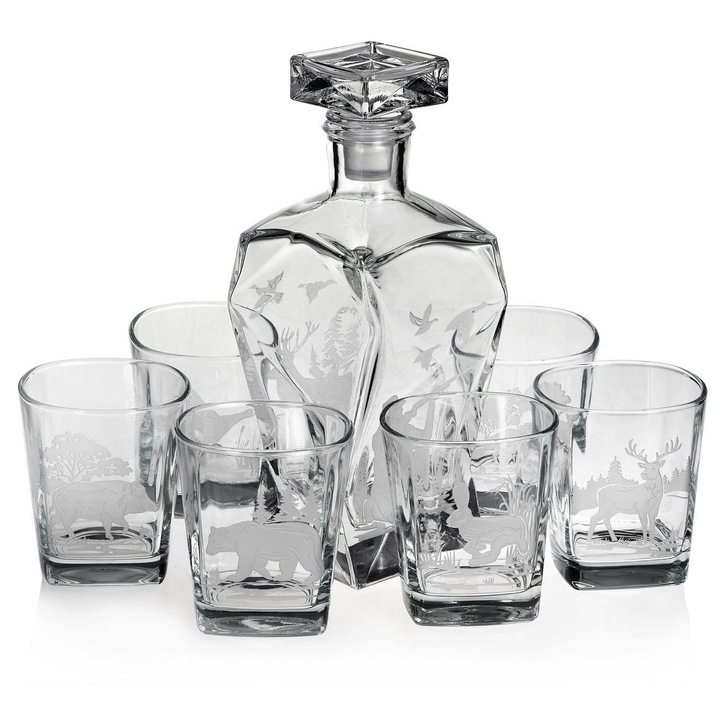 Set exclusiv de whisky 6 pahare 300ml + carafa 750ml, motive vanatoresti, sticla transparenta