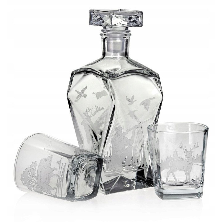 Set exclusiv de whisky 6 pahare 300ml + carafa 750ml, motive vanatoresti, sticla transparenta