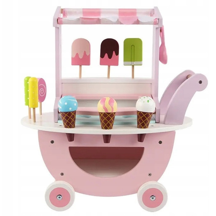 Carucior cu inghetata din lemn pentru copii, set cu 9 inghetate, culori pastelate, 57,9x23,8x50cm