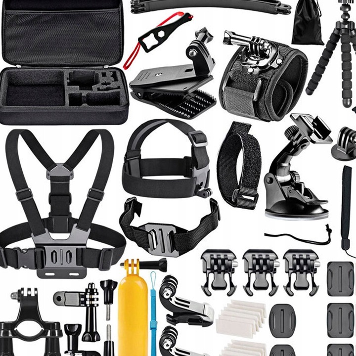 Комплект от 50 универсални аксесоара за спортни камери, куфар, стойки, статив, монтажи, адаптери
