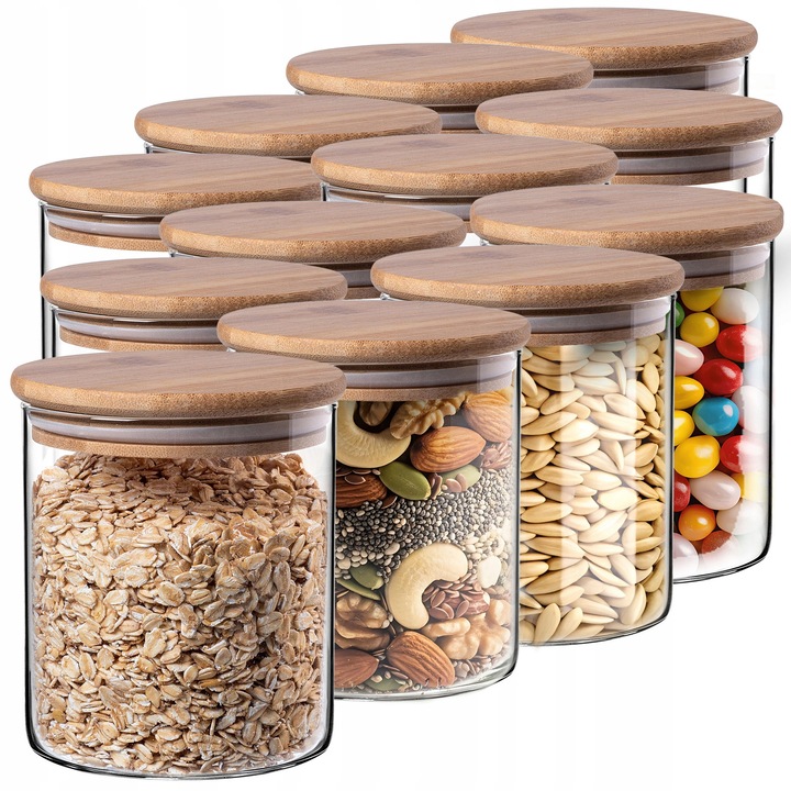 Set 12 borcane din sticla cu capac din bambus, Kadax, 800ml, transparent, 10x10x11,5cm