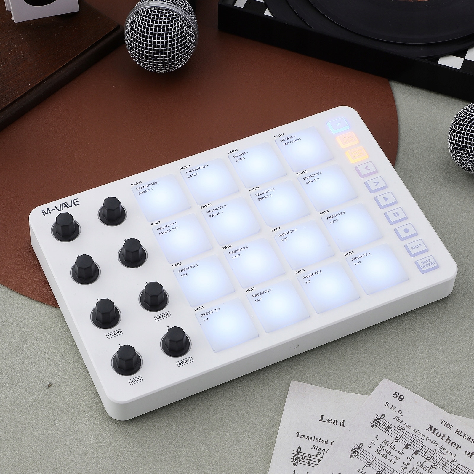 MIDI vezérlő M-VAVE SMC-PAD, 16 RGB pad, 8 forgatógomb, fehér, 22.70x14 ...