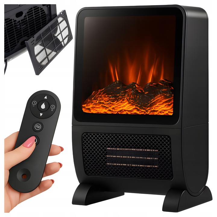 Elektromos Kerámia Fűtőtest 3D Kandalló Hatással, 2000W, Távirányító, Időzítő, 49x33x21cm