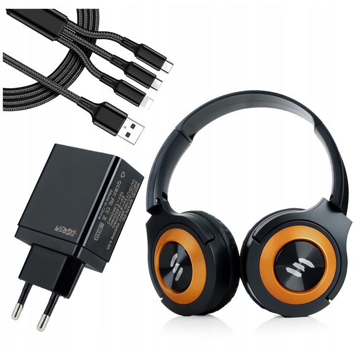 Webski vezeték nélküli fejhallgató szett mikrofonnal, microSD olvasóval, 36W gyorstöltővel, 3 az 1-ben kábellel, fekete