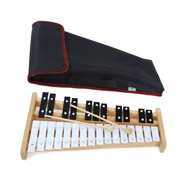 Instrument muzical de jucarie, Kaja, Dzwonki cromatice 27 tonuri, baza din lemn, set cu 2 bete, 42x24,5x4cm