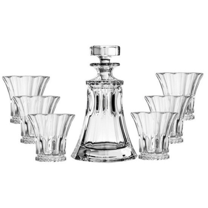 Set Whisky Bohemia Wellington, 1 carafa 490 ml + 6 pahare 300 ml, cristal fara plumb, geometric