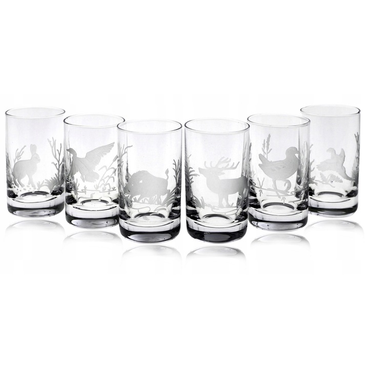 Vadászati motívumokkal díszített vodkás pohárkészlet, 30 ml, 6 darab, átlátszó