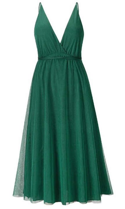 Миди рокля от тюл, с декоративен колан, разкроена пола, изрязан гръбdwqf, Зелен, One Size