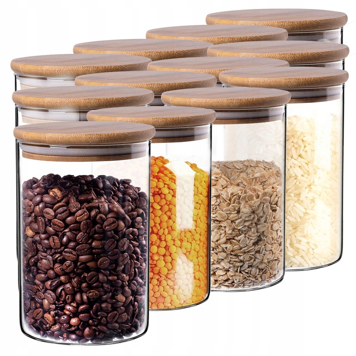 Set 12 borcane sticla cu capac din bambus, Kadax, 1,04L, transparent, 10x10x15cm