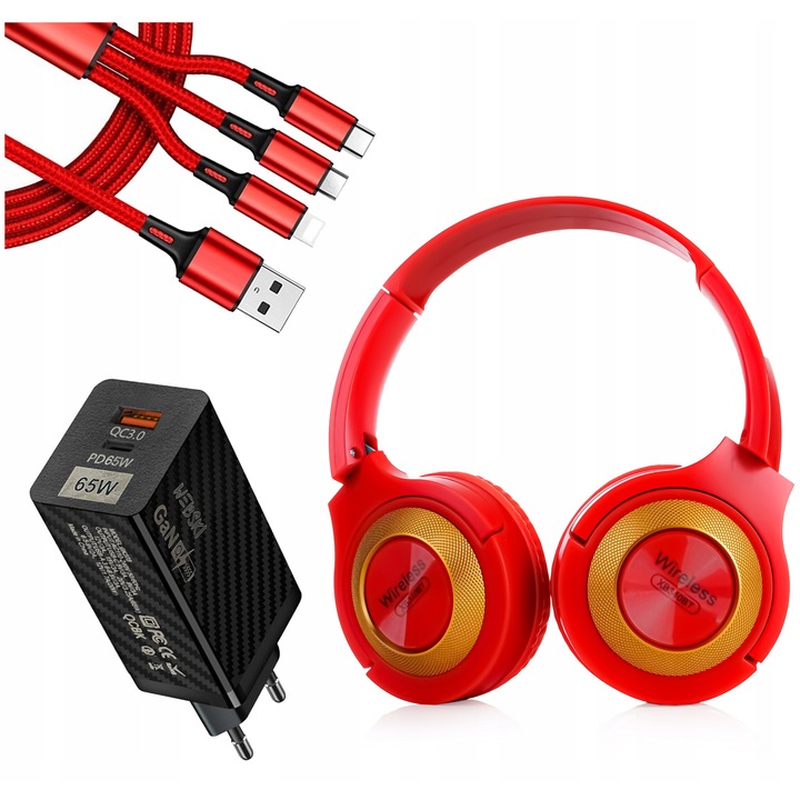 Комплект сгъваеми безжични слушалки с микрофон и четец за microSD, бързо зарядно 65W Webski, кабел 3 в 1