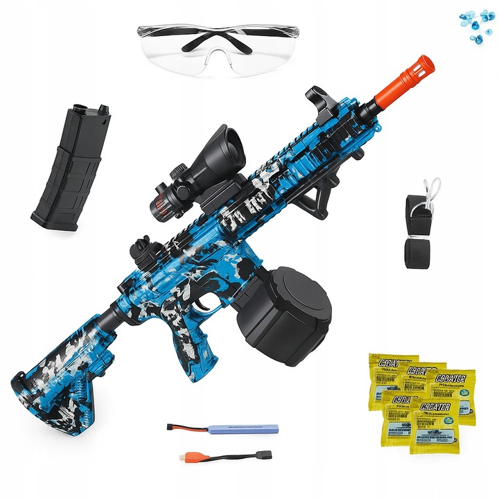 Carabina automat K&M, set mare, camuflaj albastru-negru, 2 moduri, 2500 bile hidrogel, 78x27cm