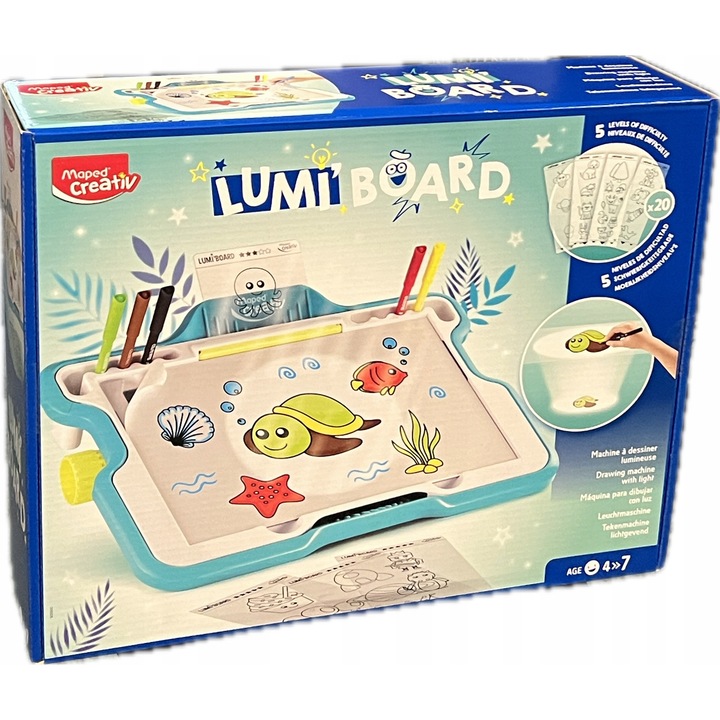 Világító rajztábla LUMI BOARD, ceruzakészlettel, gyerekeknek, hordozható, biztonságos