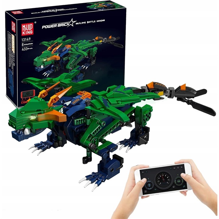 Set de constructie Mould King, mecanic, dragon, 433 elemente, control prin aplicatie sau pilot, 36x23,5x10cm