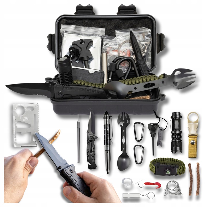Set de supravietuire 32in1, ZLARO, cu cutit pliabil, pila struna, negru, 20x12x6cm