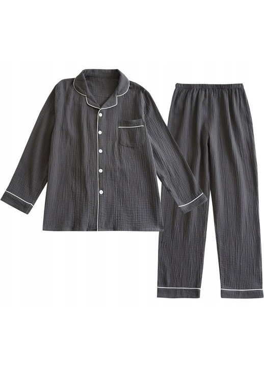 Férfi pizsama, szürke, pamut, kétrészes, hosszú ujjú