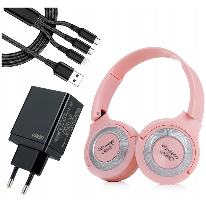 Webski vezeték nélküli fejhallgató szett, összecsukható, HD mikrofonnal, microSD olvasóval, 36W gyorstöltővel, 3 az 1-ben kábellel, fekete