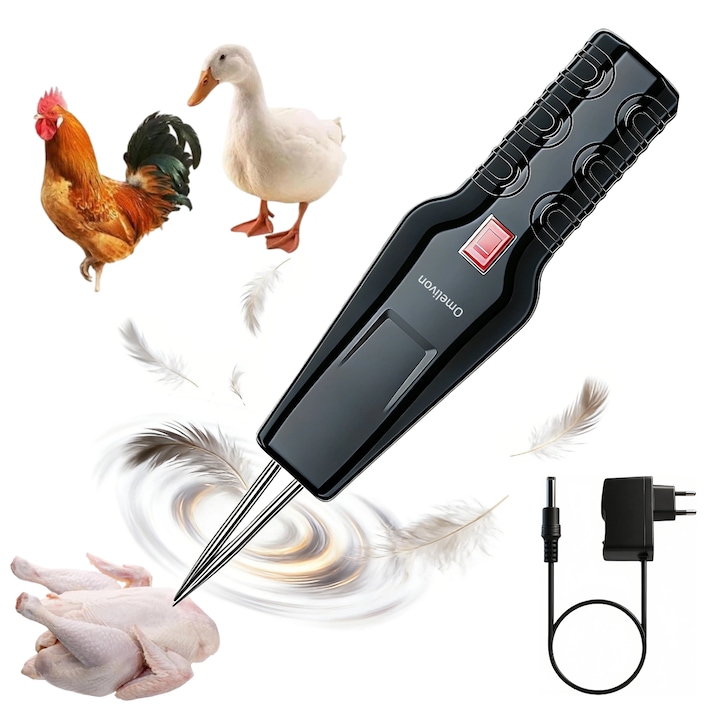 Smulgator Electric Portabil pentru Acasa, Omelivon®, l fara fir sau conectat la priza - Rapid pentru Fire de Pene, Cap Din Otel Inoxidabil, Impermeabil, Pentru Pui, Rate si Gaste, Negru