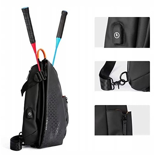 Rucsac pe un singur umar K&M, pentru laptop 10", impermeabil, cu organizator si port USB, negru, 41x28x11cm