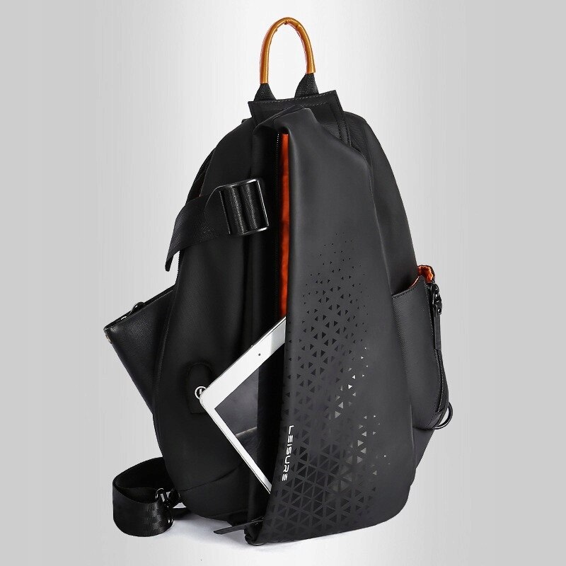 Rucsac pe un singur umar K&M, pentru laptop 10", impermeabil, cu organizator si port USB, negru, 41x28x11cm