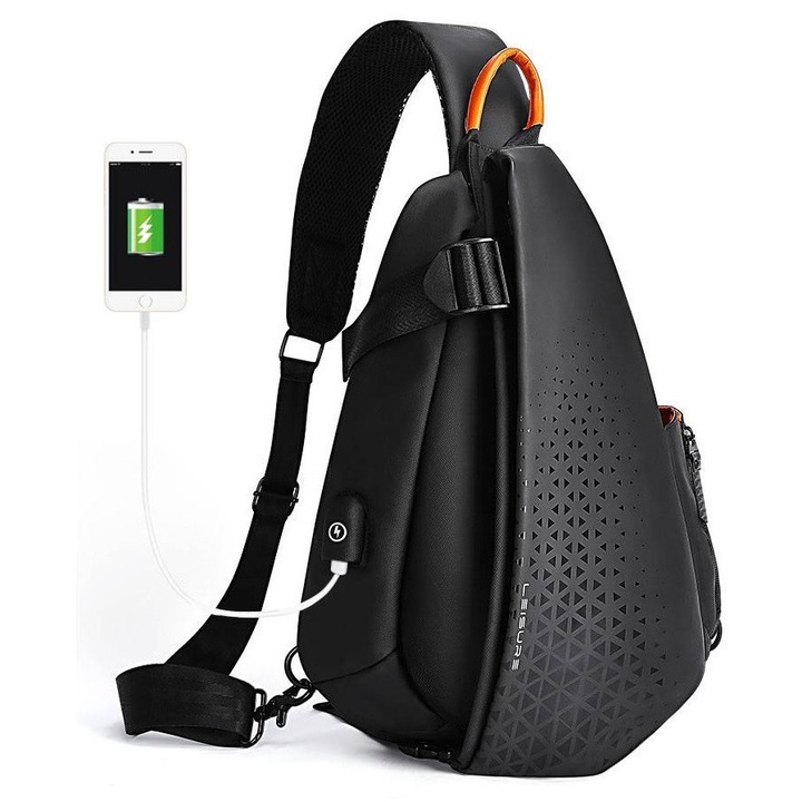 Rucsac pe un singur umar K&M, pentru laptop 10", impermeabil, cu organizator si port USB, negru, 41x28x11cm