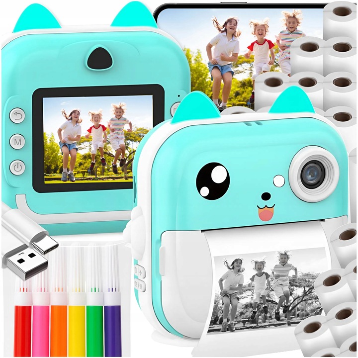 Mini imprimanta termica pentru copii, albastra, set cu 20 role de hartie, 4.5 cm