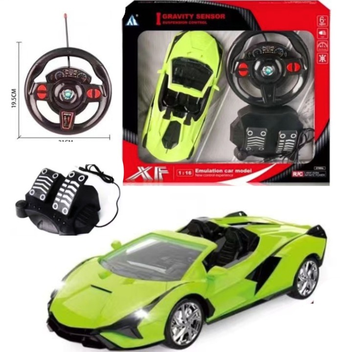 Távirányítós autó, piros, 1:16, kormánnyal és pedálokkal, komplett szett