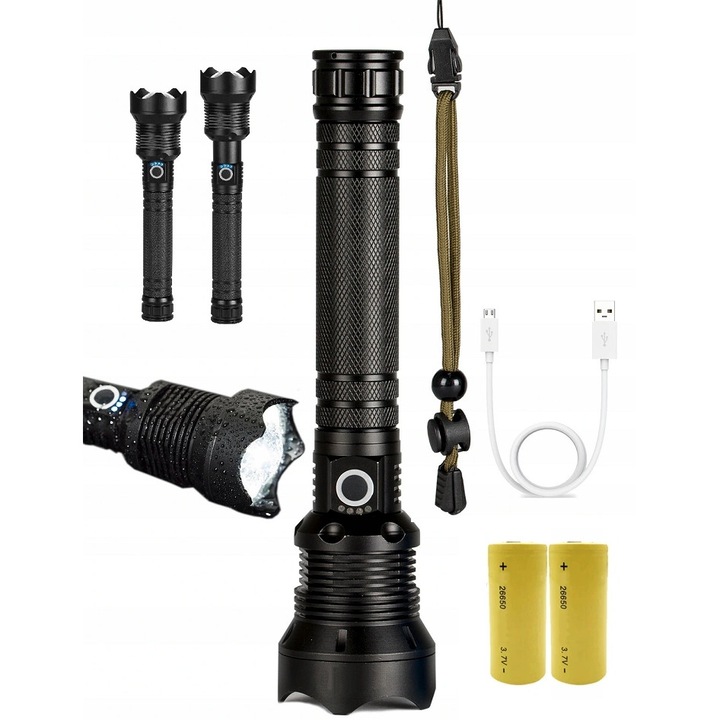 LED тактически фенер P90, 3000 lm, 3 режима, водоустойчив IPX-6, черен, 24,7x6 см, комплект с 2 батерии 26650 6800mAh