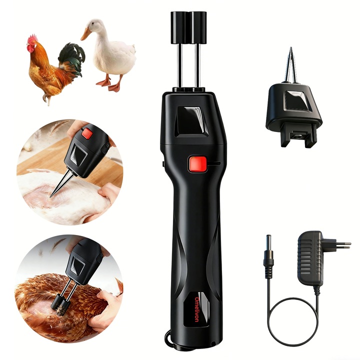 Smulgator Electric Profesional cu Capete Interschimbabile, Omelivon®, Solutia Completa pentru Toate Penele, de la Cele Mai Marunte la Cele Mai Groase. Functioneaza Fara Fir sau La Priza, Capete Inox, Impermeabil, pentru Pui, Rate, Gaste, Negru cu Rosu