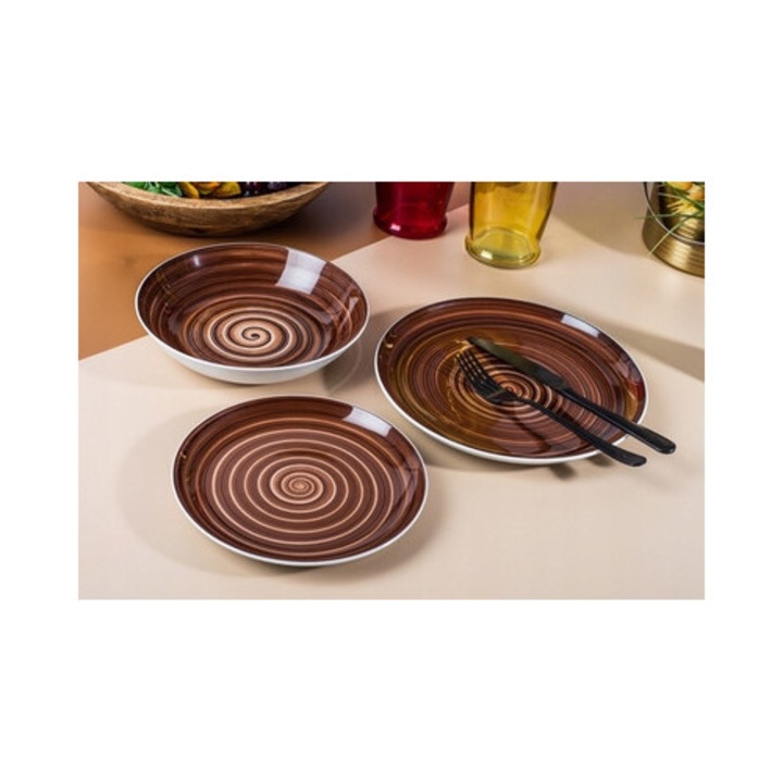 Serwis obiadowy Cmielow CT33, 18 piese, 6 persoane, portelan, culoare bruna, 24x21x20cm