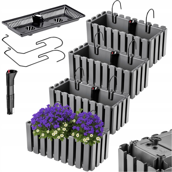 Set 4x Ghivece balcon Kadax, 38x18x16,5cm, sistem de irigare, gri