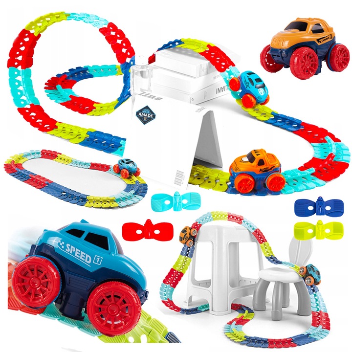 Antigravitációs pályaszett autóval, 195 elemes, 400cm, Többszínű, 10x7,8x6,5cm