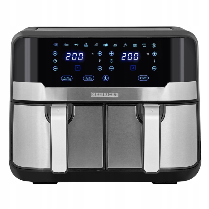 Heinrich's olajmentes fritőz, HFR 8214 modell, 9L kapacitás, 2400W, 2 rekesz, fekete