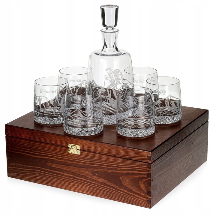 Set de whisky 6+1, karafa 950ml + 6 sticle 300ml, motive montane, cutie din lemn 36x33x13cm