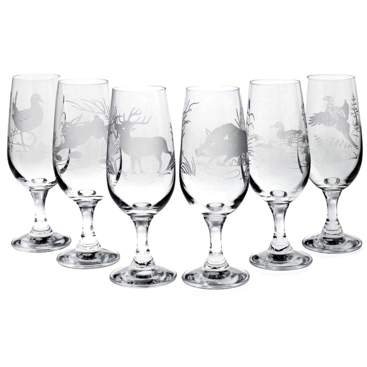 Комплект чаши за шампанско 180мл, ловни мотиви, прозрачни, 6 броя