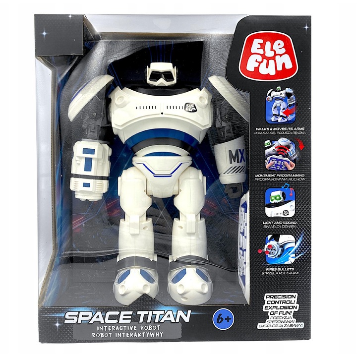 Robot interactiv Elefun Space Titan 2025, efecte luminoase si sonore, design dinamic, 30x20cm