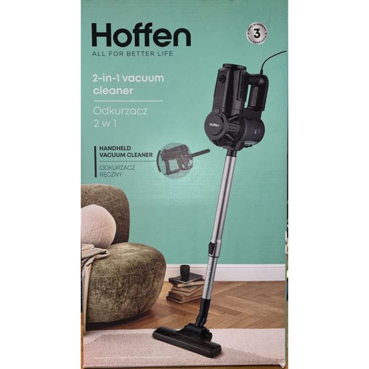 Aspirator vertical Hoffen SVC-5481, 2 in 1, fara sac, filtru HEPA, negru