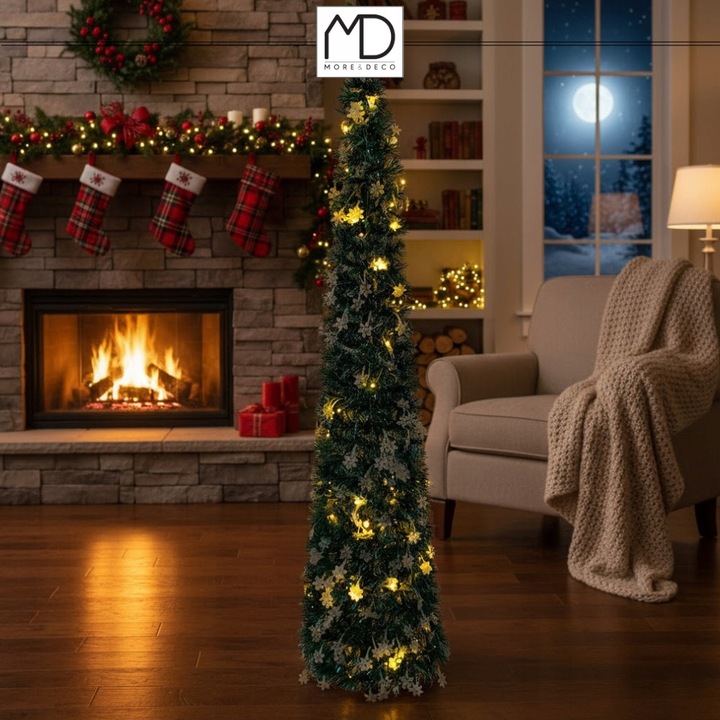 Brad de Craciun MORE&DECO 150 cm alb, cu lumini LED 3m, tip POP UP