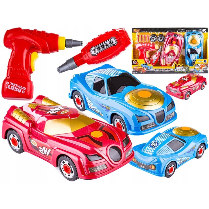 Szerelő készlet - Szétszedhető autó, piros és kék, 40x23x7,5cm