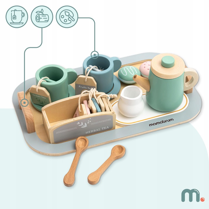Set de ceai din lemn cu tava - 18 elemente, Mamabrum, detalii realiste, culori pastelate, 29,2x18x10cm