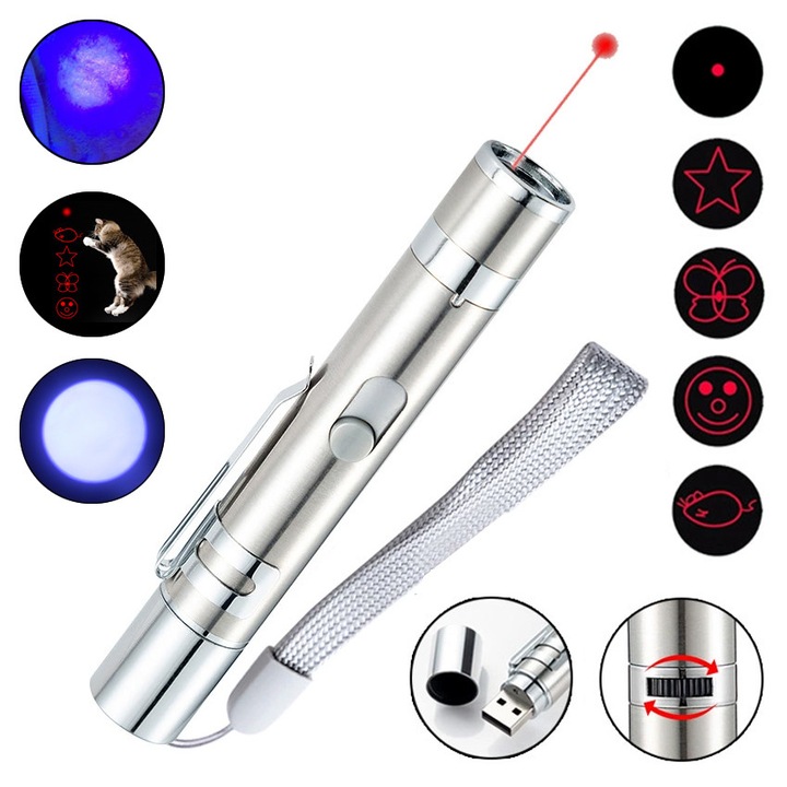 Laser pentru joaca cu pisici, trimmer interactiv 3-in-1 pentru animale, lumina UV pentru verificarea dermatitei la pisici, lanterna portabila cu lumina alba, incarcare rapida USB, mini si cu trei moduri Argintiu