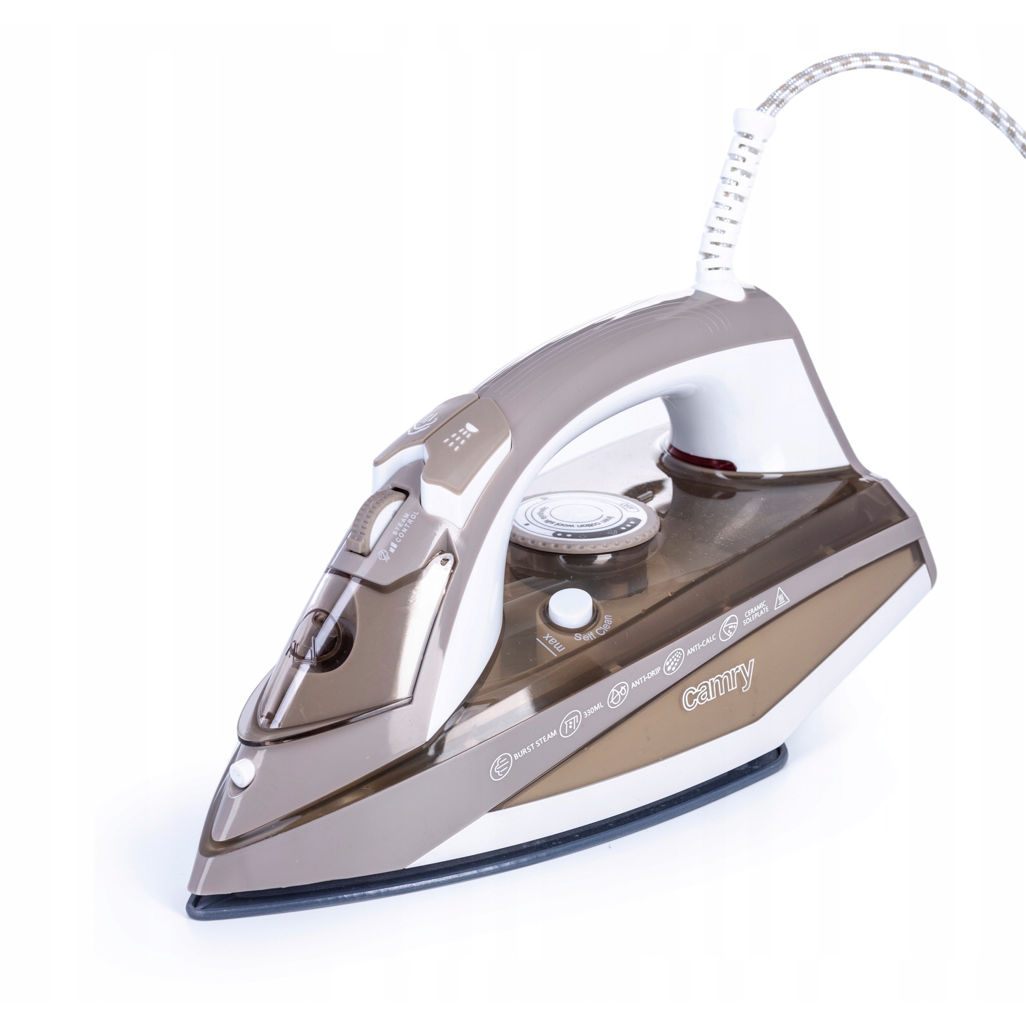Fier de calcat cu abur Camry CR 5018, ceramica, 3000W, bej/maro, 320ml, set de functii auto-curatare si blocare picurare
