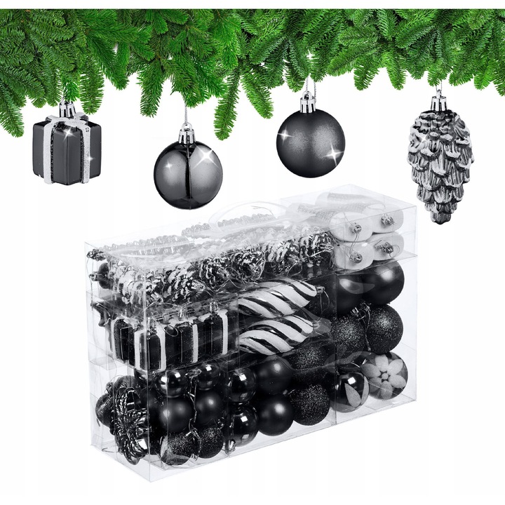 Set globuri de Craciun Relaxdays, 72 bucati, negre, lucioase si mate, din plastic