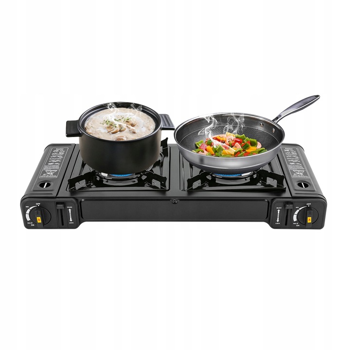 Kéte égős kempingfőzőlap, zománcozott, 62x28x11cm méretű, gázpatronhoz