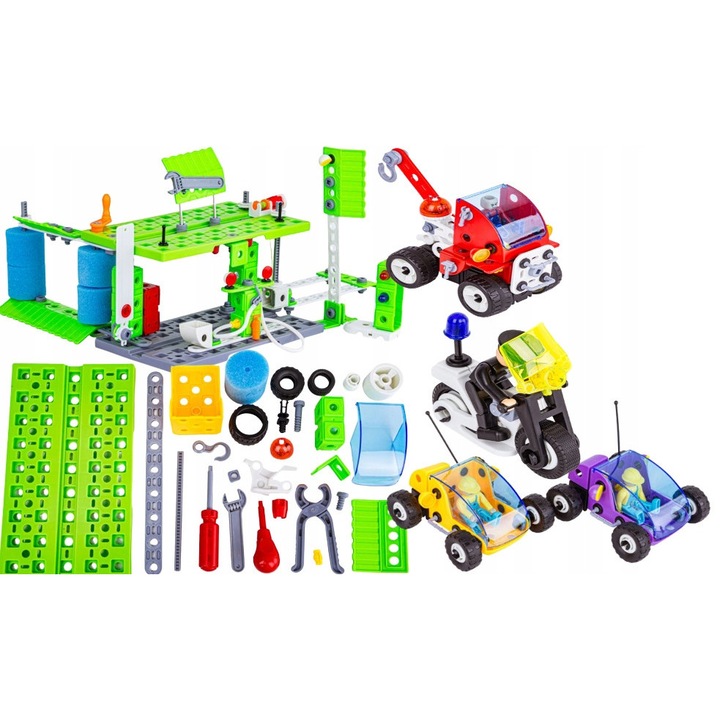 Set de constructie MIASTO, 340 piese, vehicule, statie de benzina, multicolor, 57x35,5x9cm
