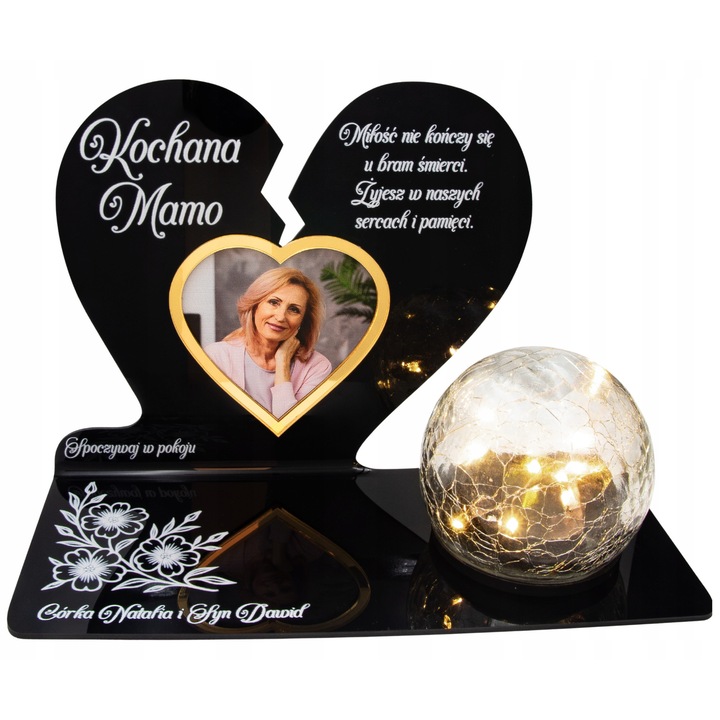 Znic solar personalizat, Decortrend, inima neagra cu rama aurie, iluminare LED, 20x28cm