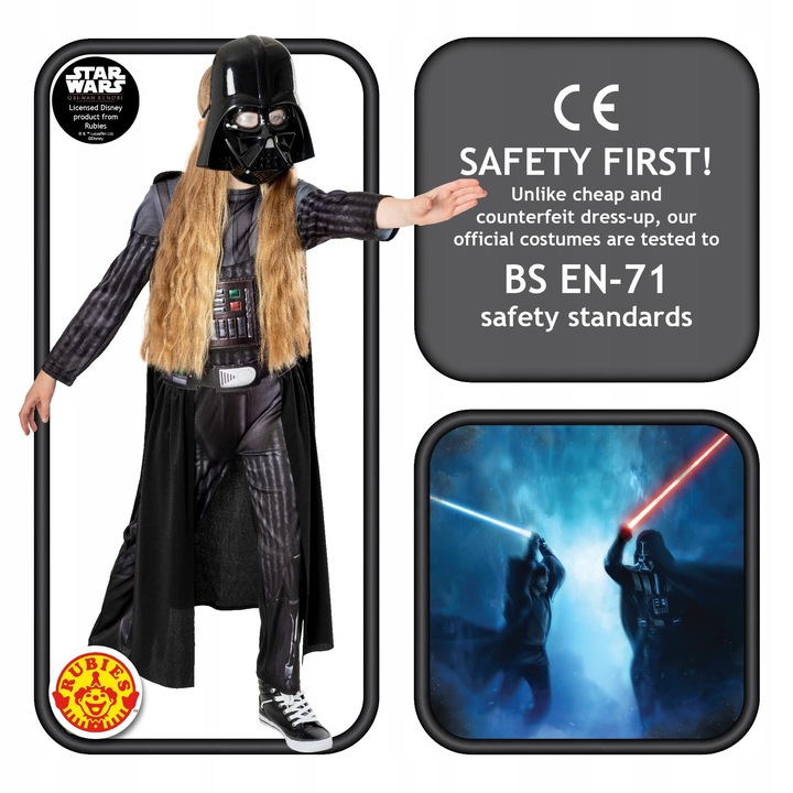 Costum de carnaval Darth Vader pentru copii, Rubie's, 9-10 ani, cu peleryna si masca, unisex